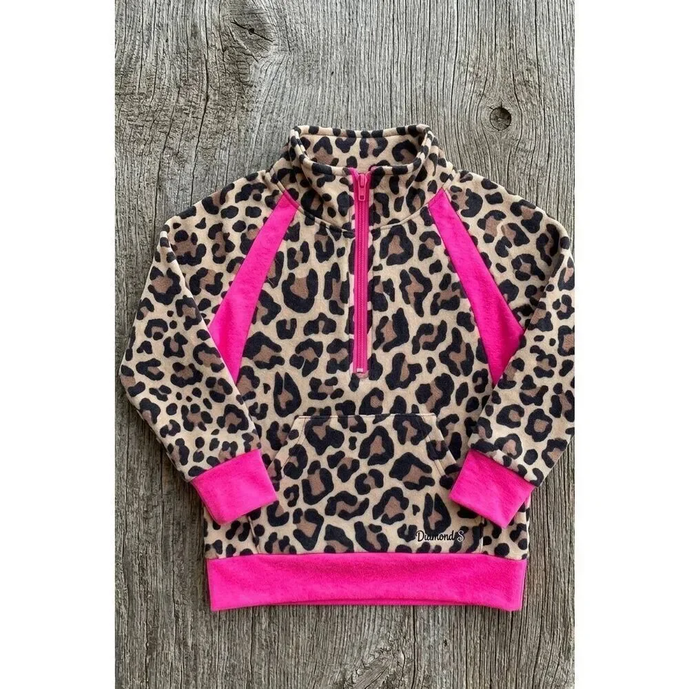 Girls Western Leopard Print Fleece Pullover Pink Trim 1/4 Zip Hoodie Casual New